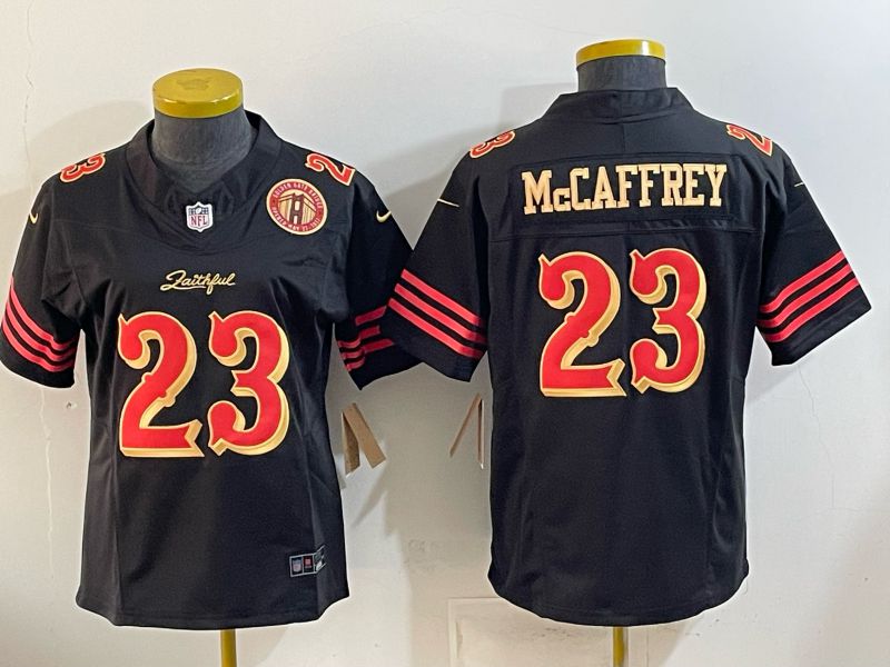 Women 2026 San Francisco 49ers #23 Mccaffrey Black gold Nike Limited NFL Jersey style 05->women nfl jersey->Women Jersey